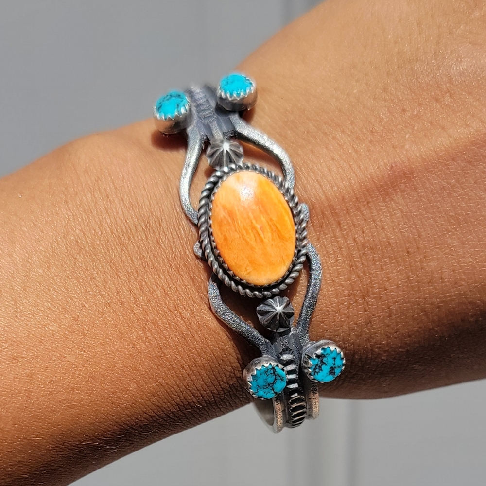 Native American handmade orange spiny oyster & turquoise sand cast tufa cast